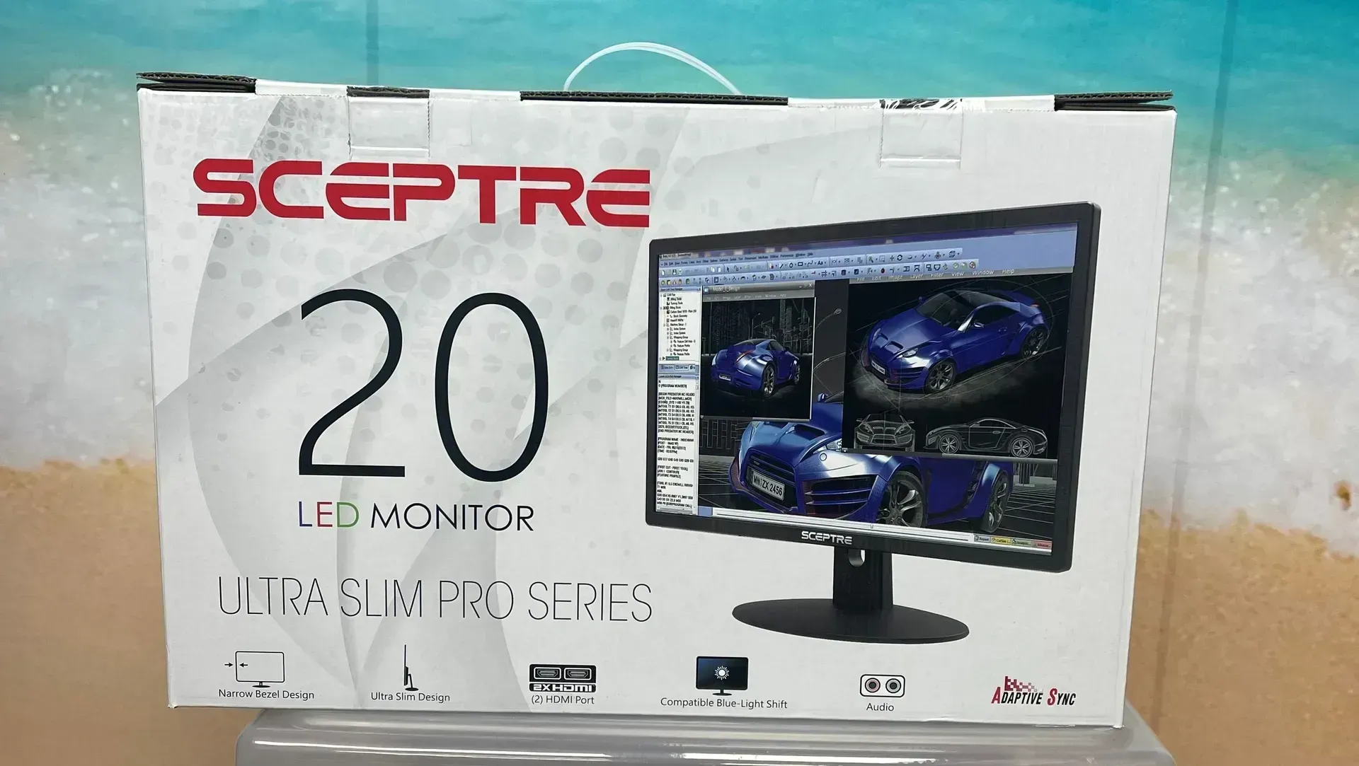 Sceptre 20-inch LED monitor box with product image and black monitor on a white background