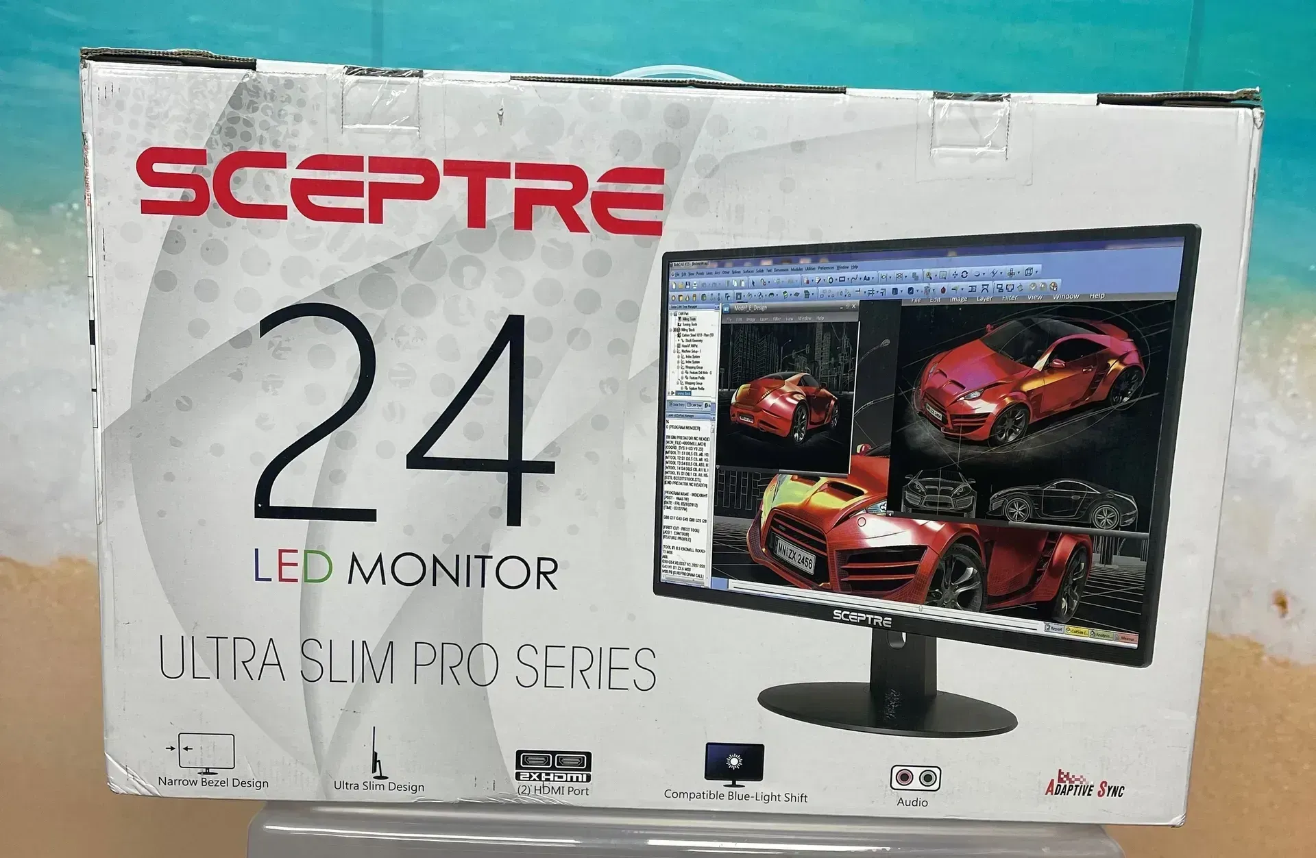 Sceptre 24-inch LED monitor box with car images and a black stand on a white background
