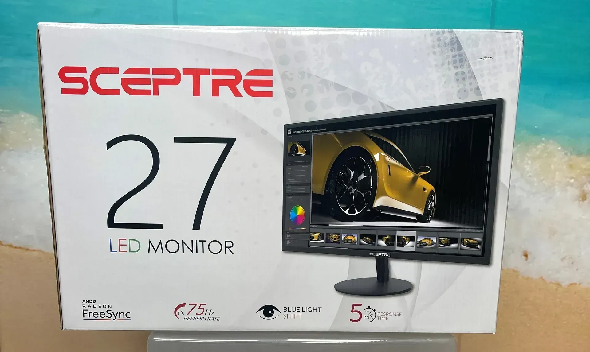 Sceptre 27-inch LED monitor retail box with a monitor display on the front