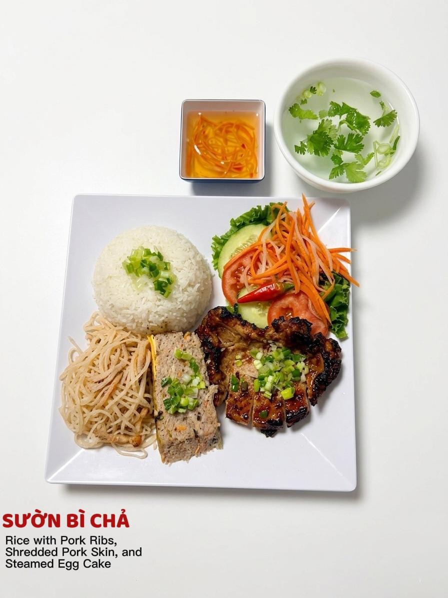 A plate of Cơm Tấm with grilled pork chop, shredded pork skin, steamed egg cake, rice, and fresh vegetables, with sauce.
