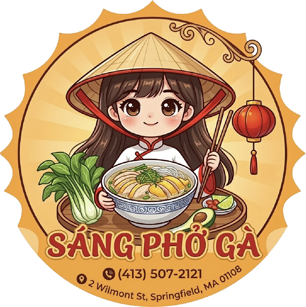 Logo for Sáng Phở Gà featuring an illustration of a person in a conical hat holding a bowl of soup, with contact details.