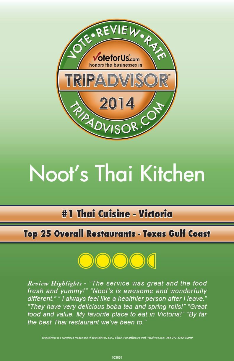 TripAdvisor 2014 award badge for Noot’s Thai Kitchen with green background and restaurant review text
