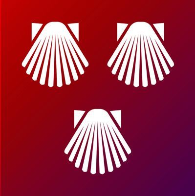 Three white scallop shell icons on a gradient red to purple background.