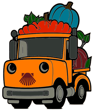 Orange truck loaded with pumpkins, teal blue pumpkin, dark red pumpkin, green leaves.