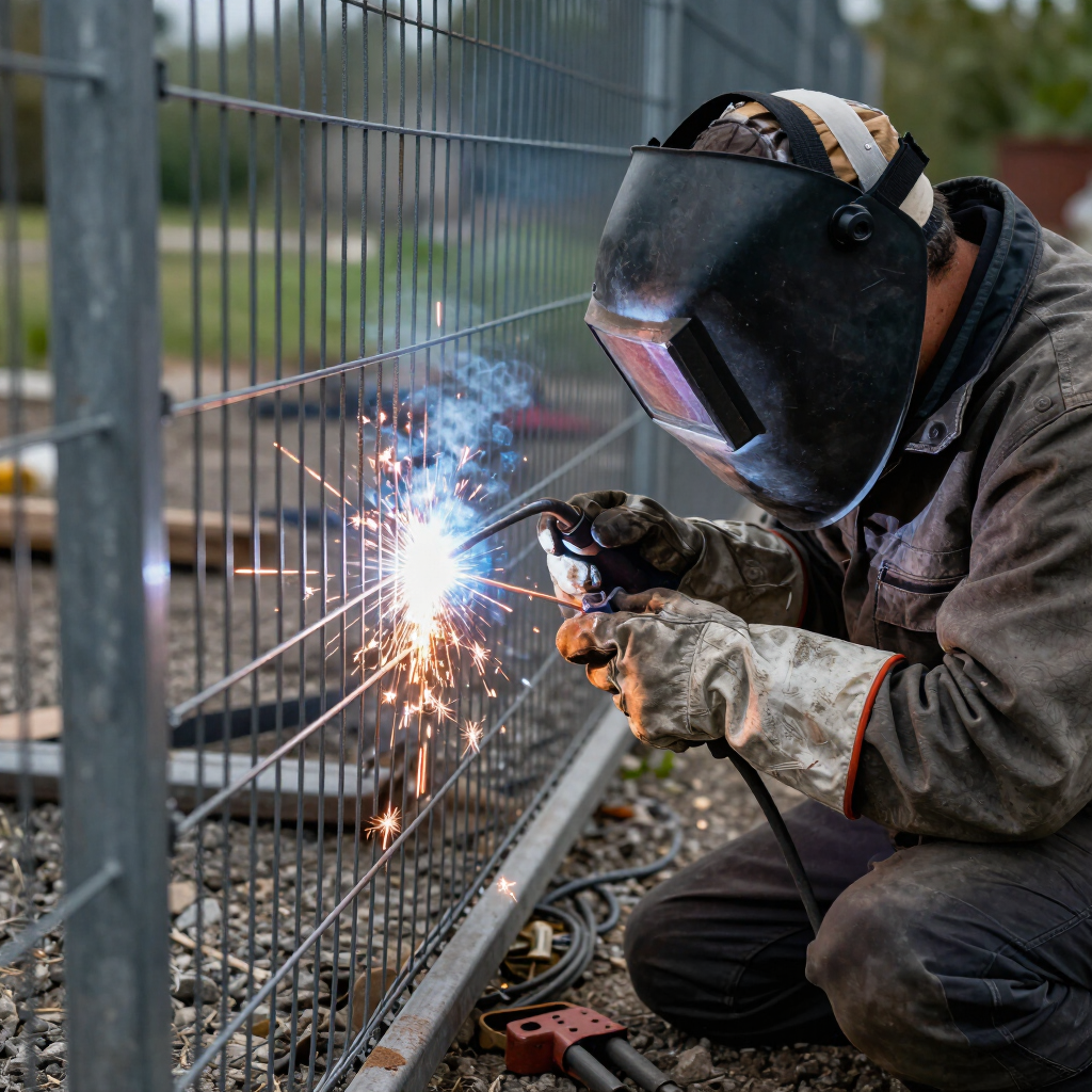 Worker welding a metal fence outdoors, with bright sparks and protective gear.