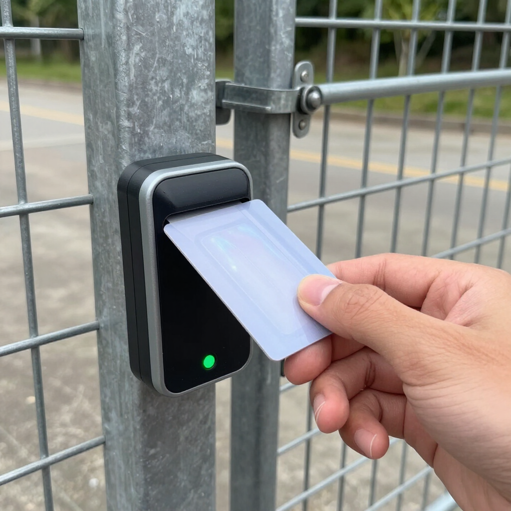Hand holding a white card to a black card reader on a metal gate, green light on.