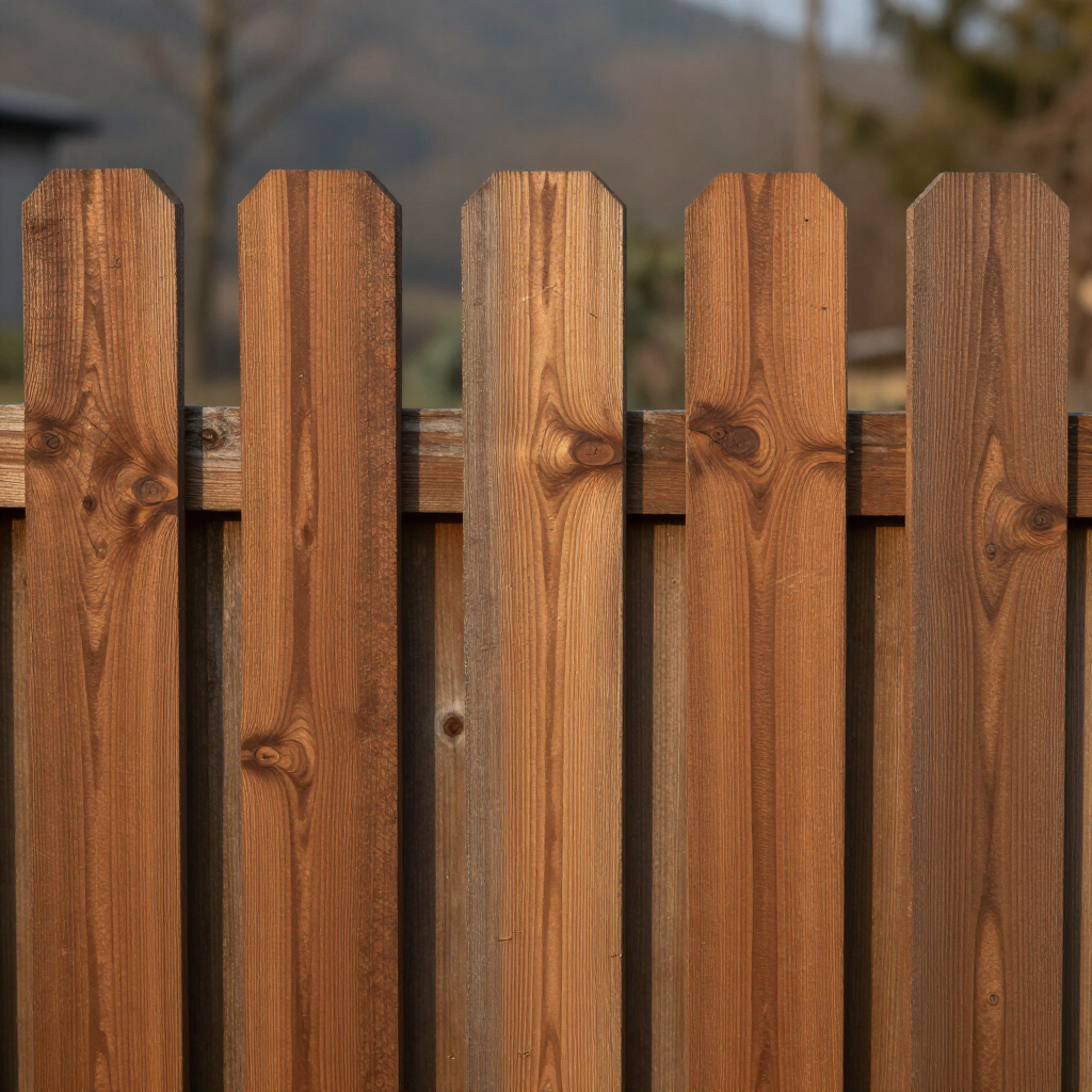 Close-up of a weathered wooden fence with vertical brown slats and blurred background