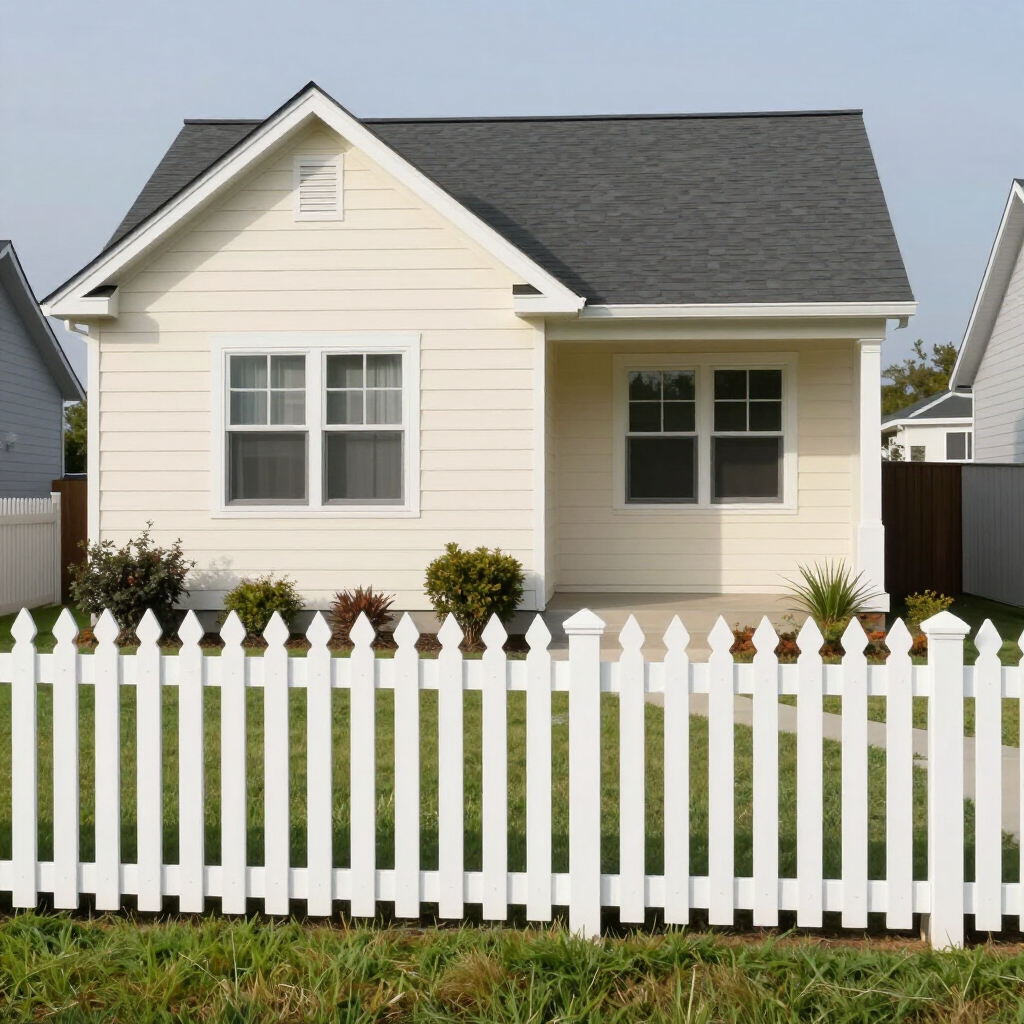 Small cream house with a gray roof behind a white picket fence and trimmed front lawn.