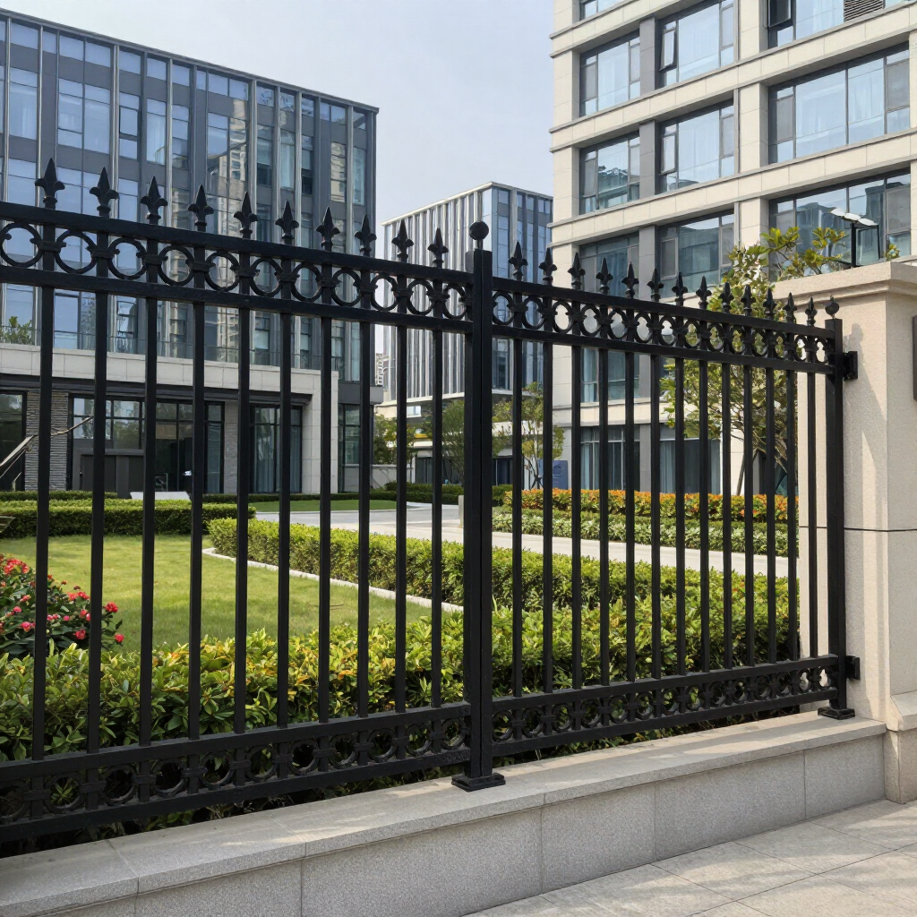 Black wrought-iron fence in front of modern office buildings and a landscaped courtyard.