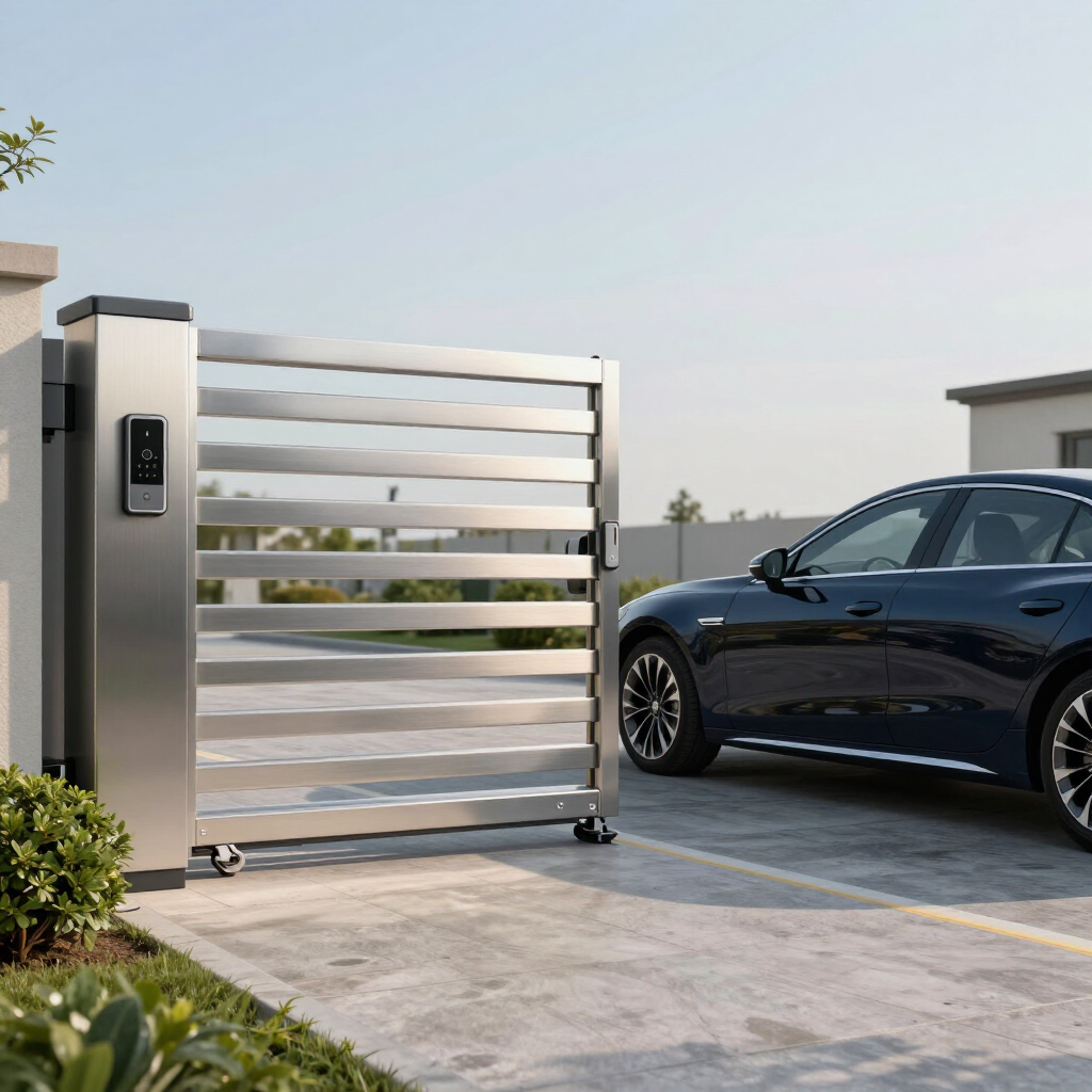Modern metal sliding gate beside a black SUV in a driveway at a contemporary home