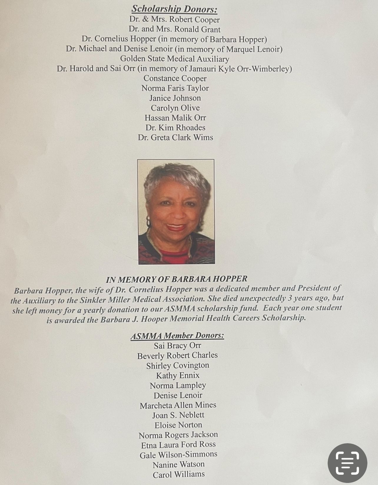 Memorial program page with a centered portrait photo and text above and below on a white background