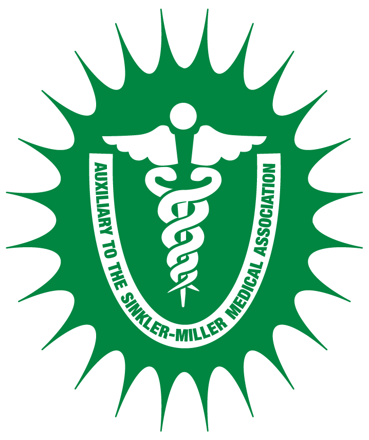 Green circular emblem with white medical caduceus and text: “Auxiliary to the Sunkler-Miller Medical Association”