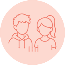 Two outlined people in coral on a light pink circle background