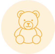 Simple orange line-art teddy bear sitting in a pale beige circle