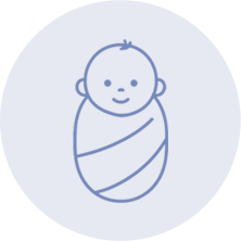 Simple blue line icon of a smiling swaddled baby in a light gray circle