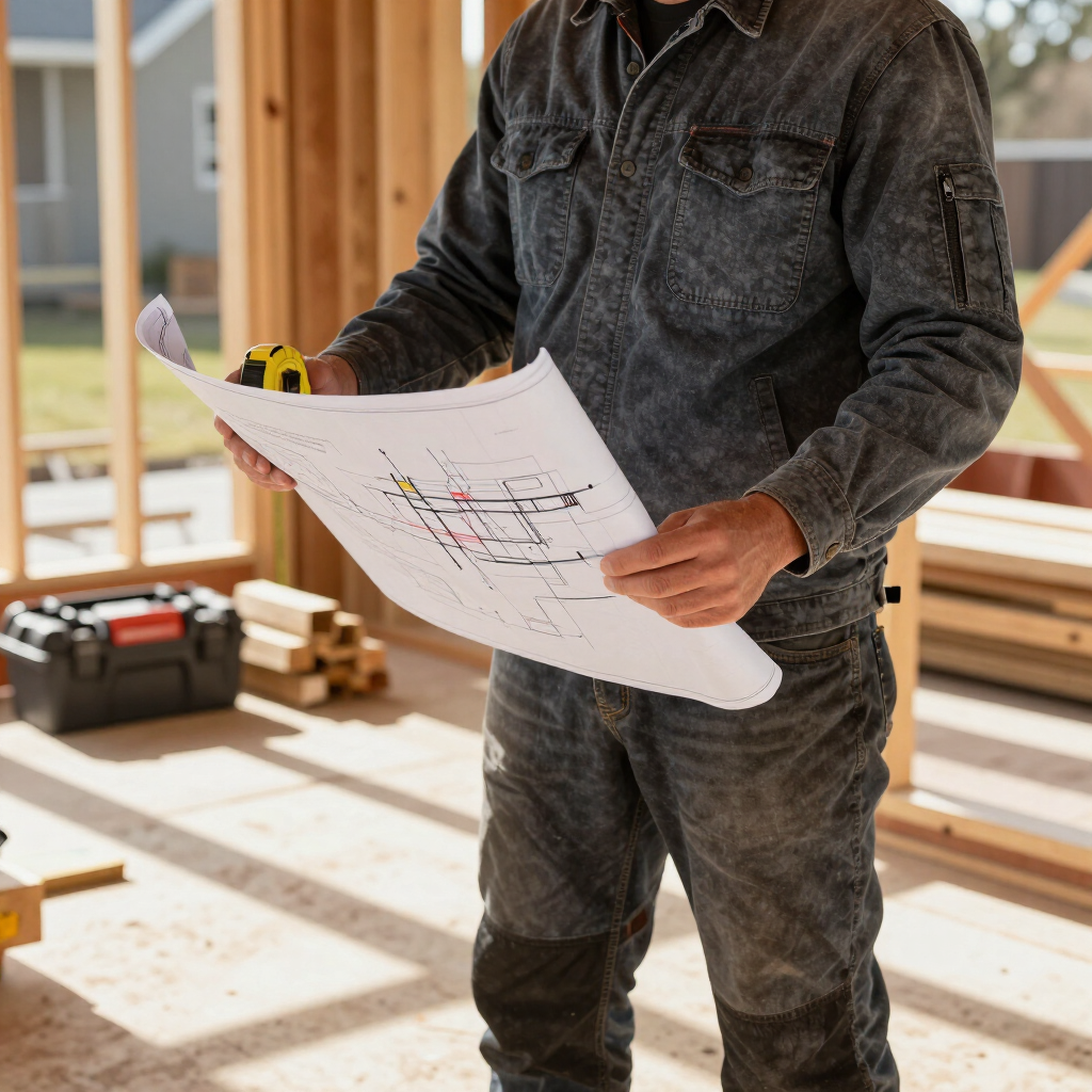 Construction worker holding blueprints inside a house under construction
