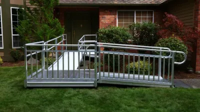 Brick house entrance with a wheelchair ramp