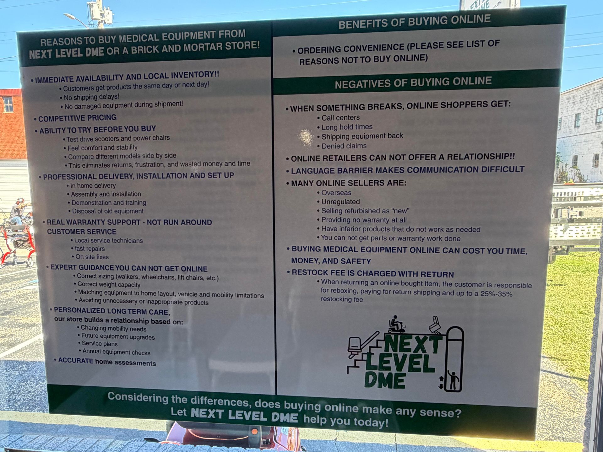 Two-page information flyer on a window, with teal headers and a Next Level DME logo at the bottom.
