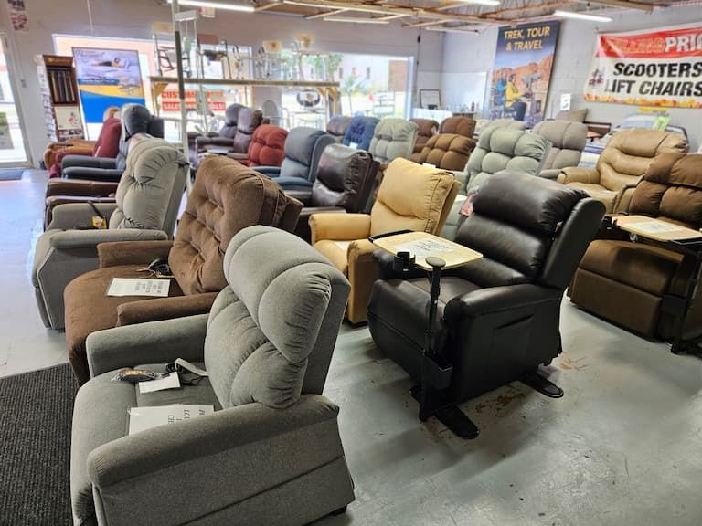 Stock of lift chairs in showroom