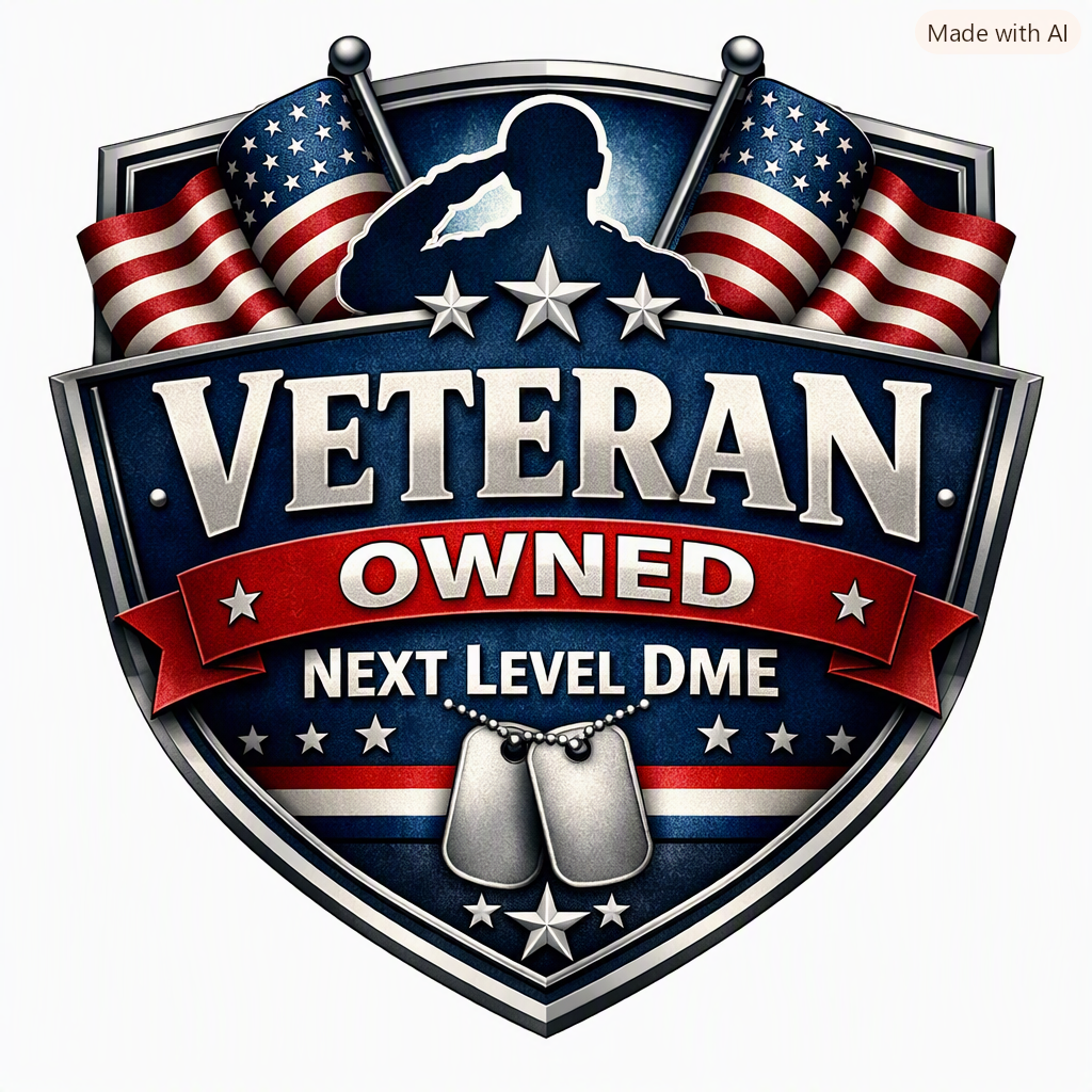 Veteran-owned shield logo with American flags and boots, reading “Next Level DME”