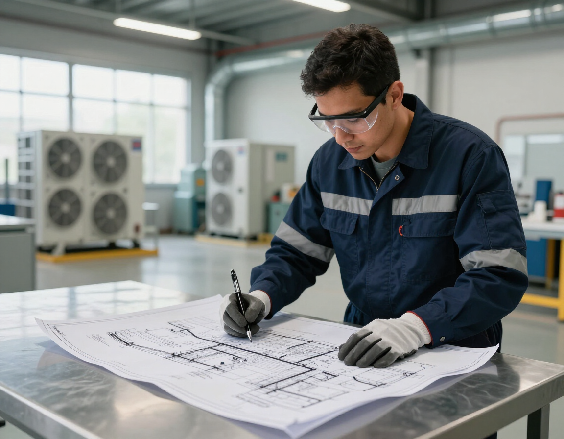 Técnico de climatización revisando planos para una cotización de aire acondicionado