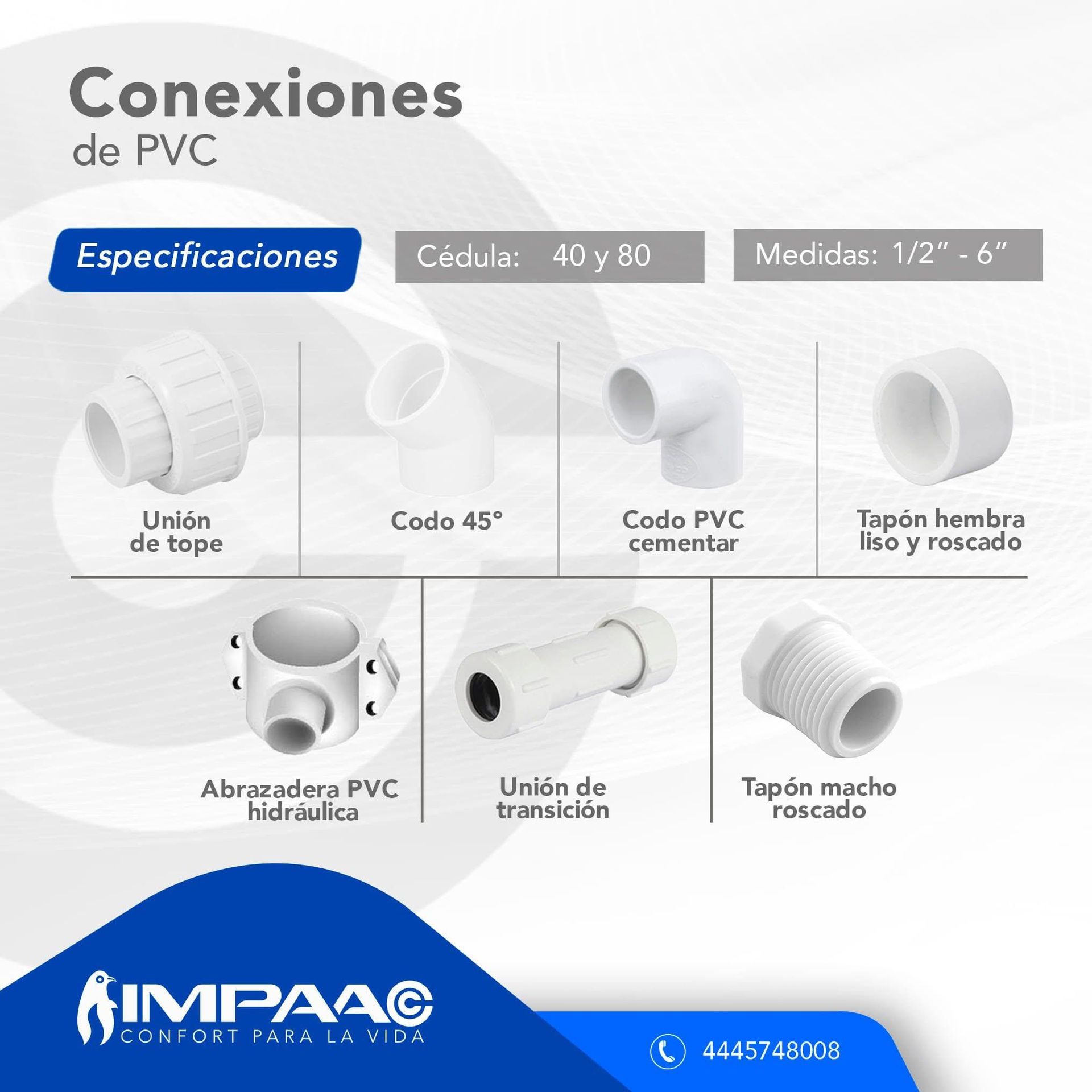 Una infografía para IMPAAC que muestra varias conexiones de tuberías de PVC blanco, incluyendo codos, acoplamientos y tapas.