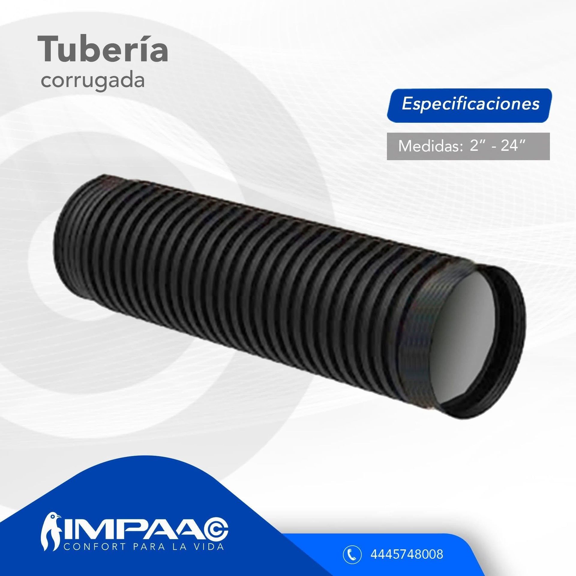 Tubo corrugado negro mostrado sobre un fondo blanco con la marca 