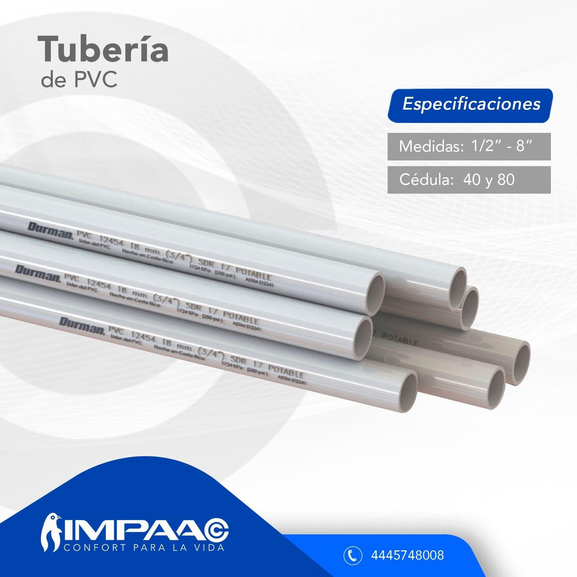 Una pila de tuberías de PVC de color gris claro con una caja de especificaciones del producto que indica los tamaños (1/2