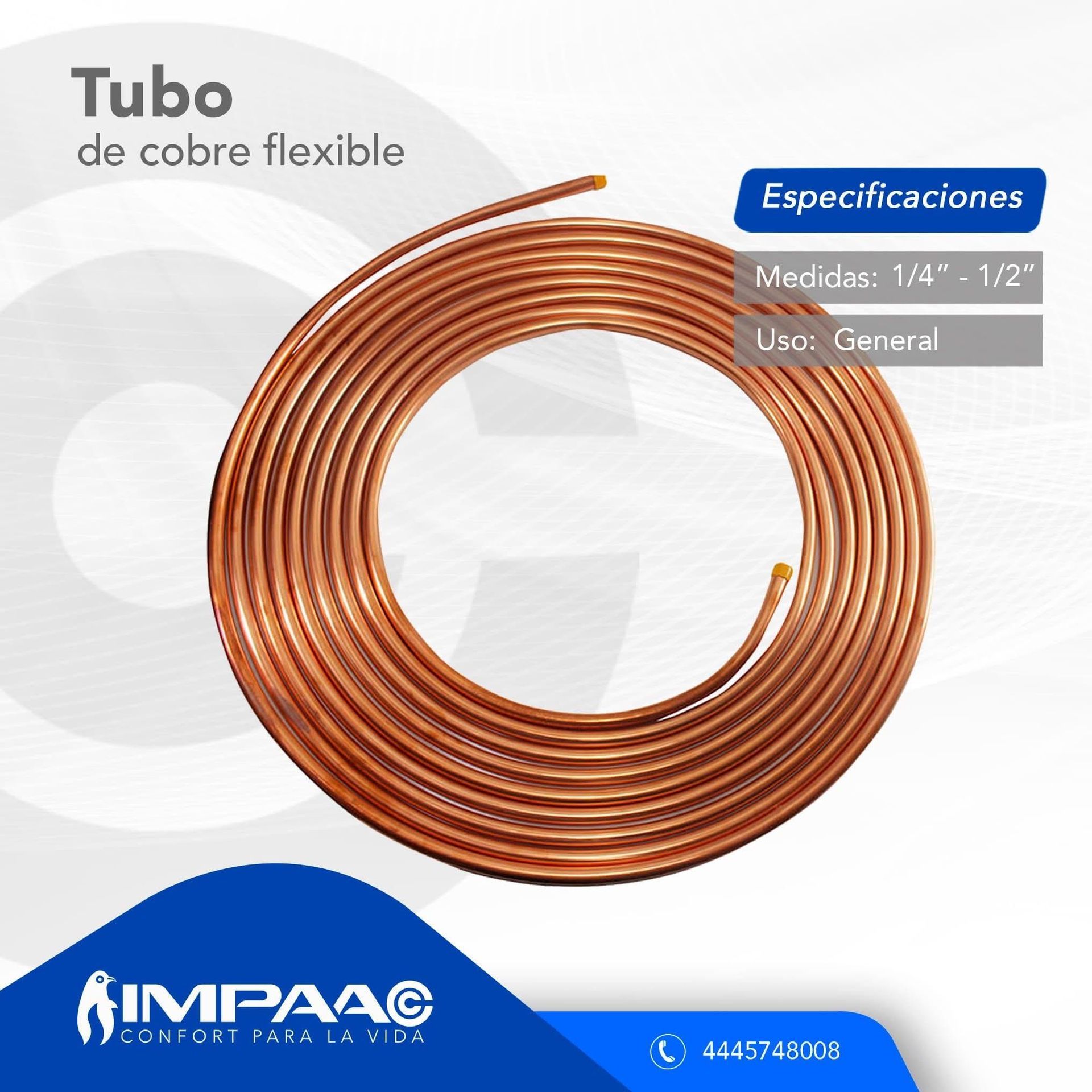 Bobina de tubo de cobre flexible para uso general, con dimensiones de 1/4