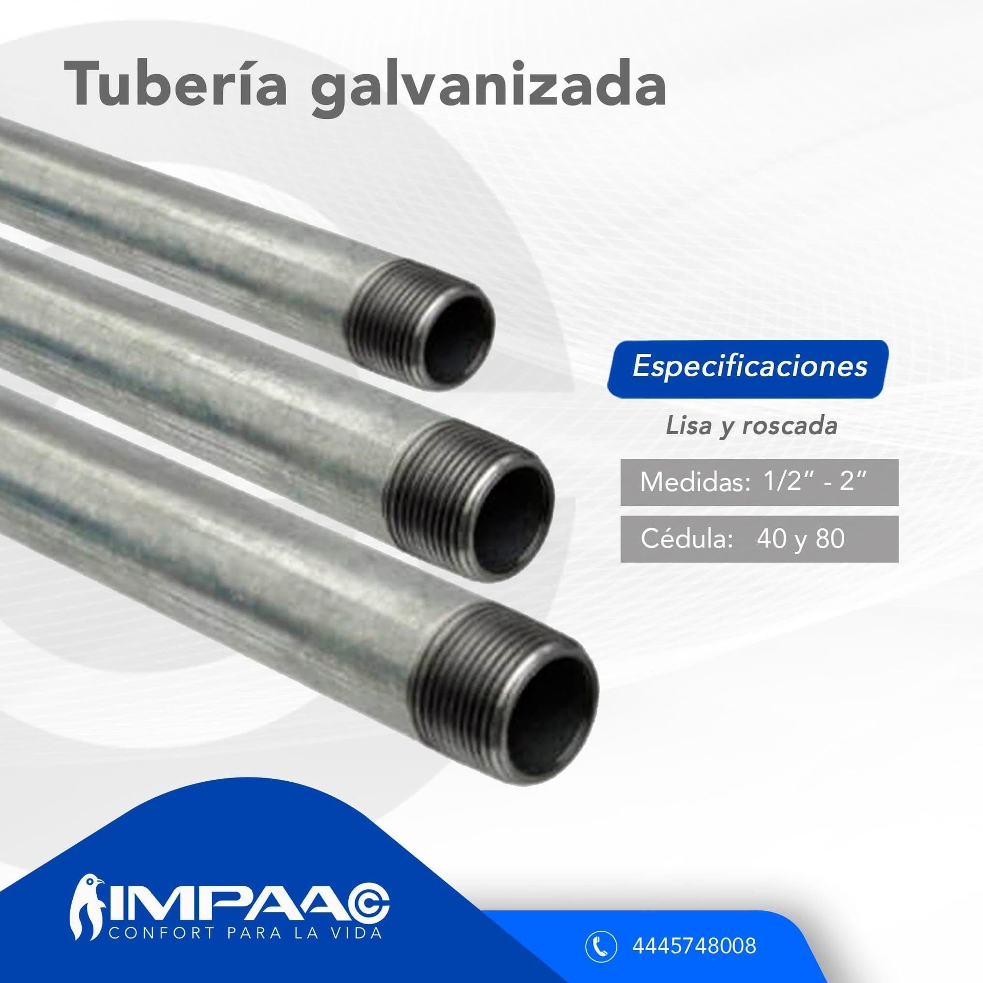 Tres piezas de tubería galvanizada roscada con especificaciones del producto que incluyen tamaños y especificaciones técnicas.