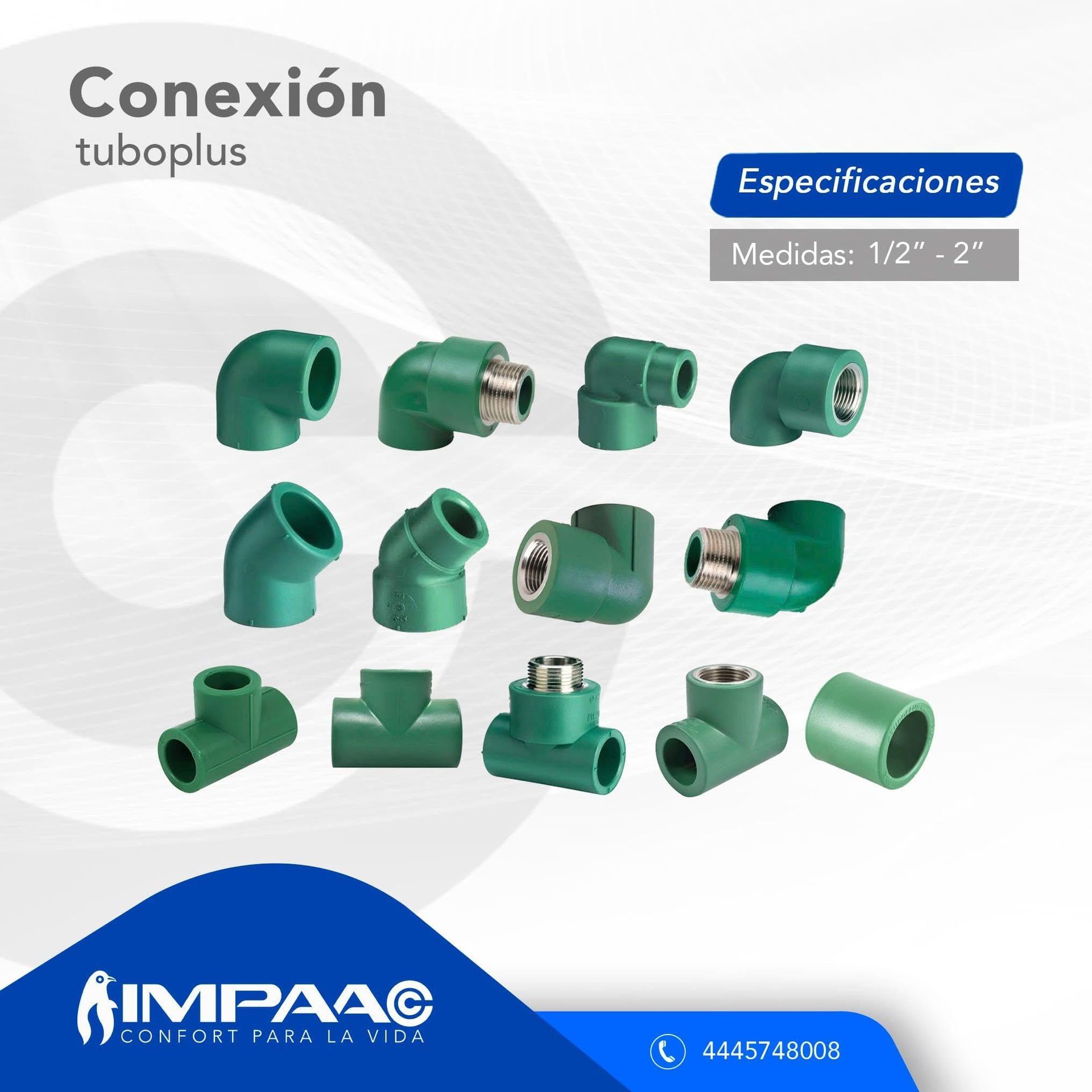 Una muestra de accesorios de tubería Tuboplus de color verde, en diversas formas, incluyendo codos, tes y acoplamientos, con la marca de la empresa.