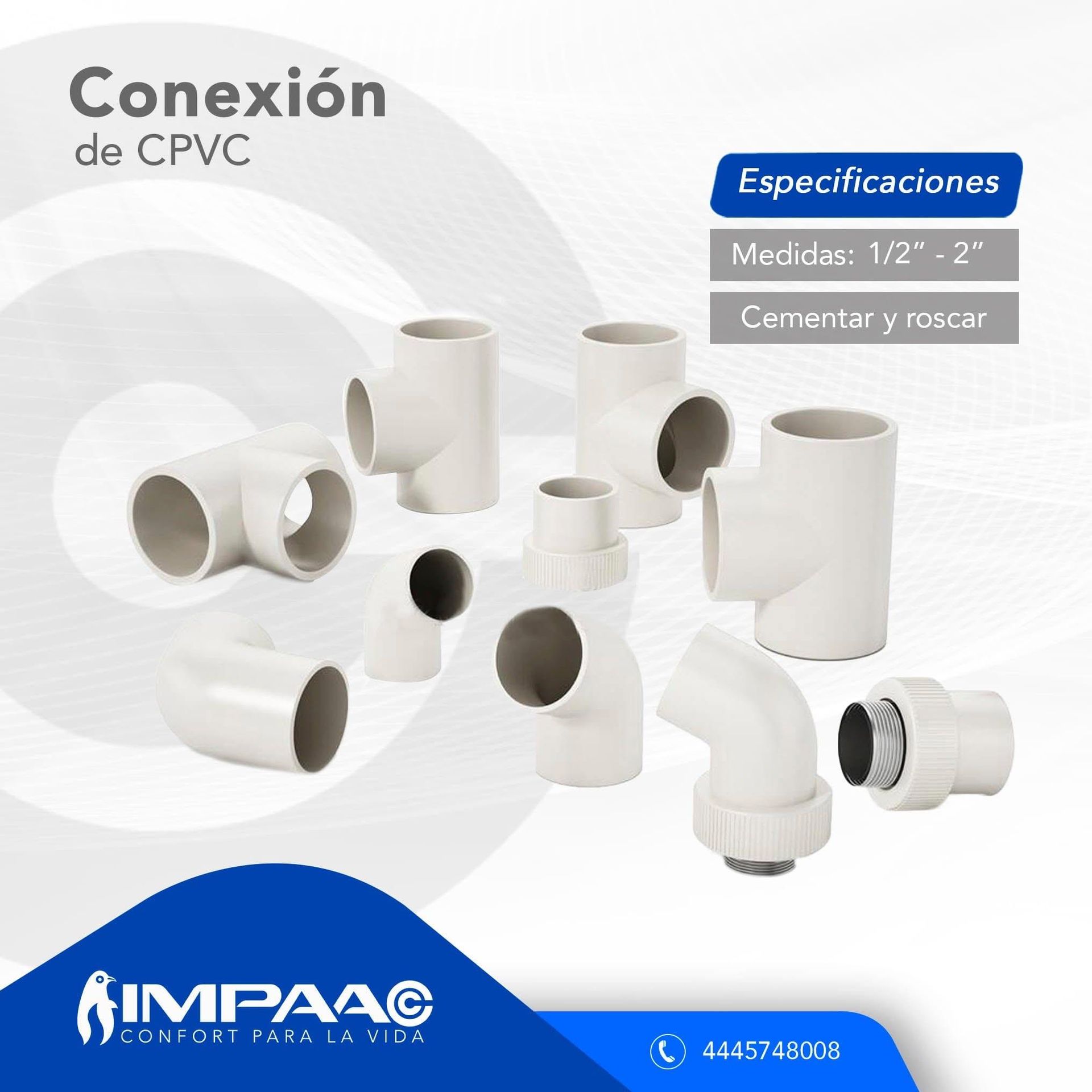 Una colección de accesorios de fontanería de CPVC blanco, que incluye tes y codos, sobre un fondo blanco con información del producto.