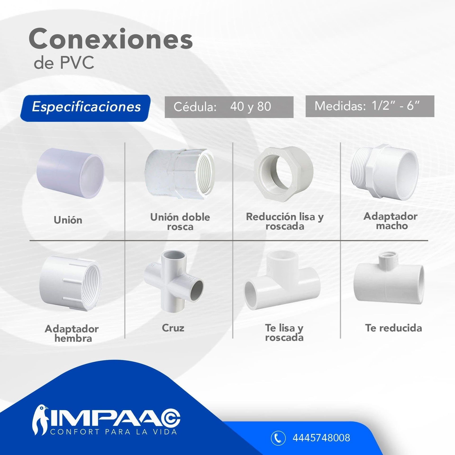 Un catálogo de diversos conectores de tubería de PVC blanco, etiquetados con nombres como unión, cruz y te, sobre un fondo azul.