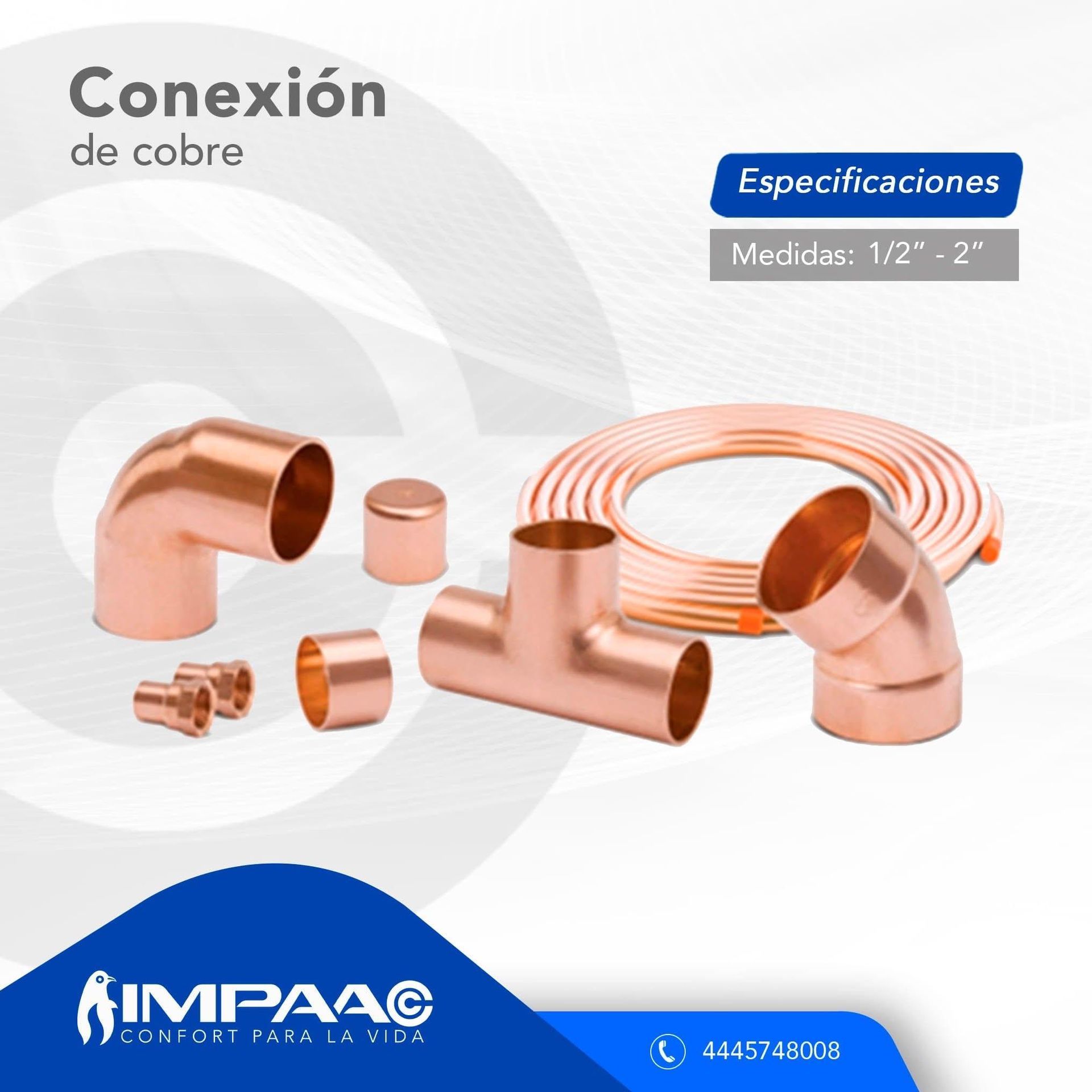 Accesorios de fontanería de cobre y un rollo de tubería de cobre expuestos sobre un fondo claro con el logotipo de la marca IMPAA.