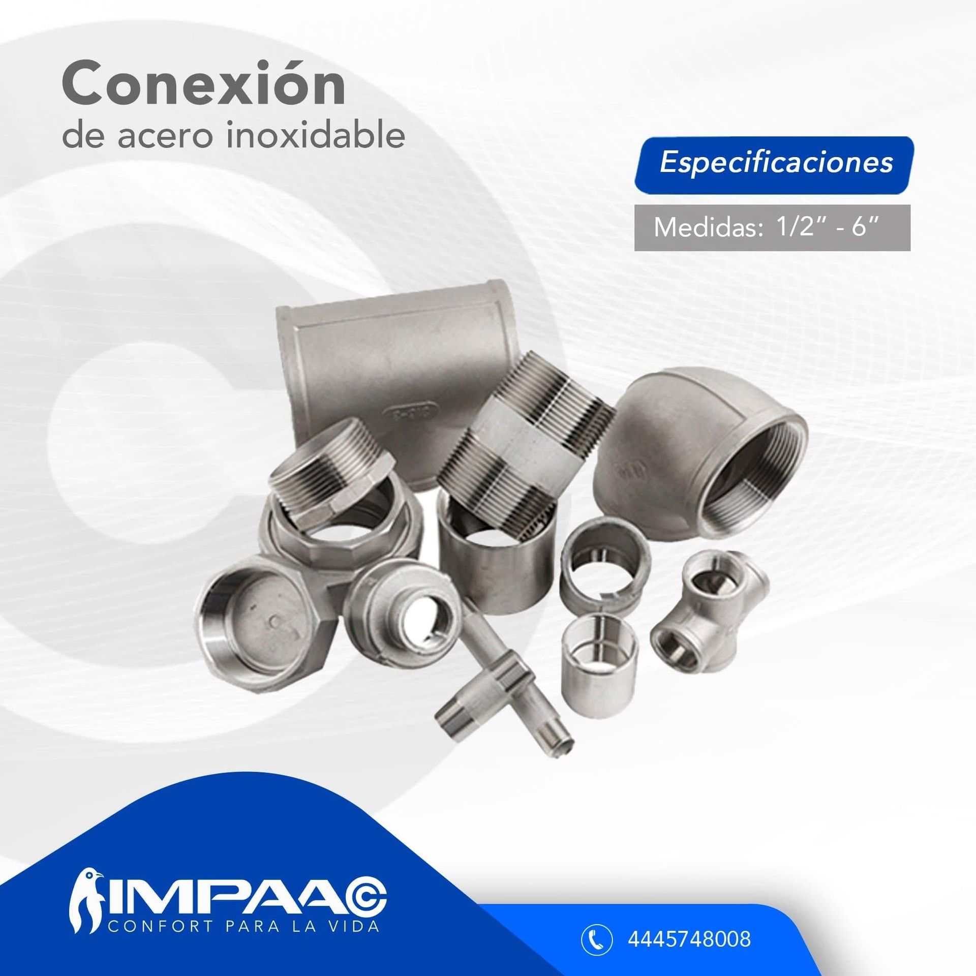 Accesorios de tubería de acero inoxidable para uso industrial, con la marca IMPAA y un número de teléfono de contacto.