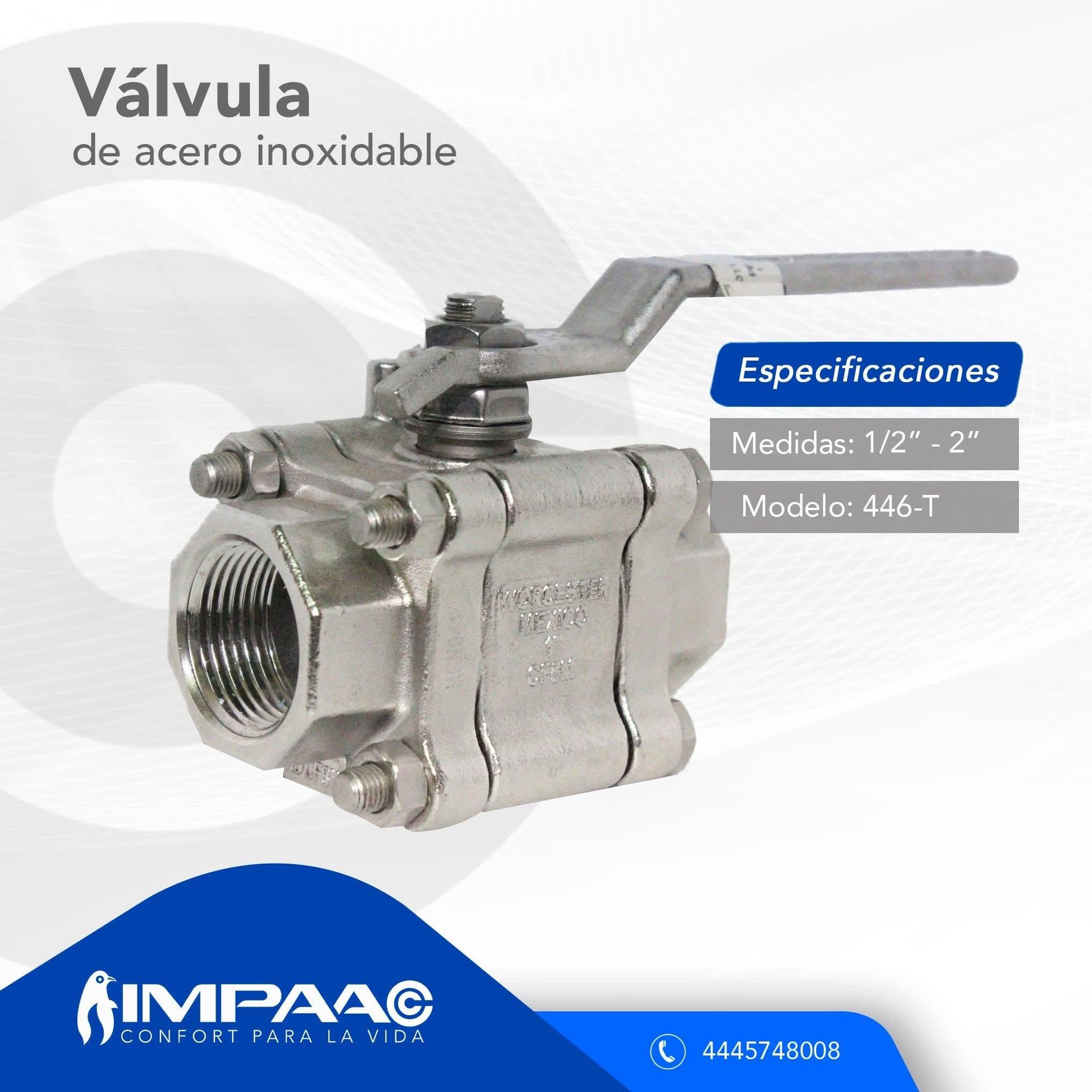 Válvula de bola de acero inoxidable, modelo 446-T, con opciones de tamaño de 1/2
