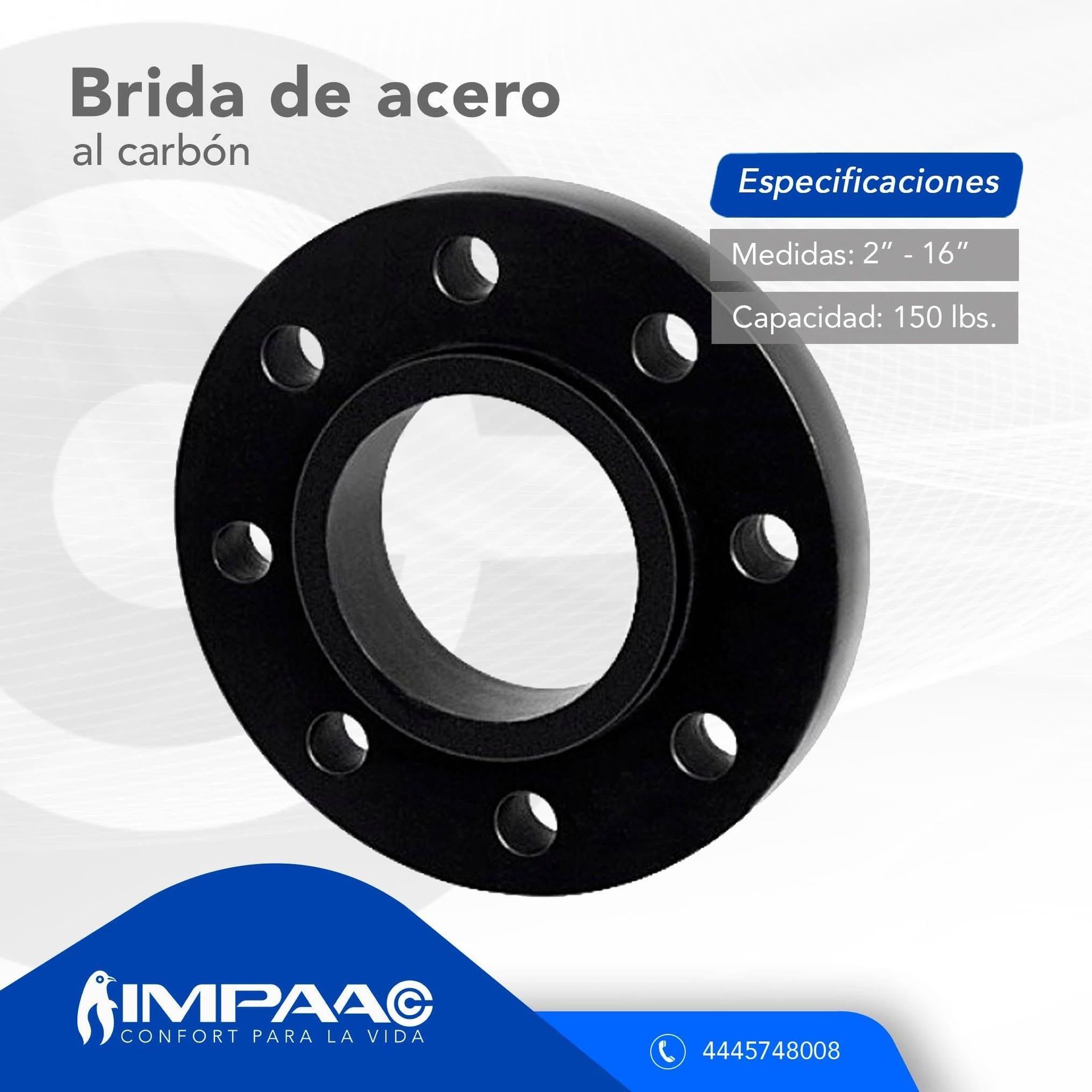 Una brida de tubería de acero al carbono negro sobre un fondo claro con especificaciones técnicas y la marca de la empresa.