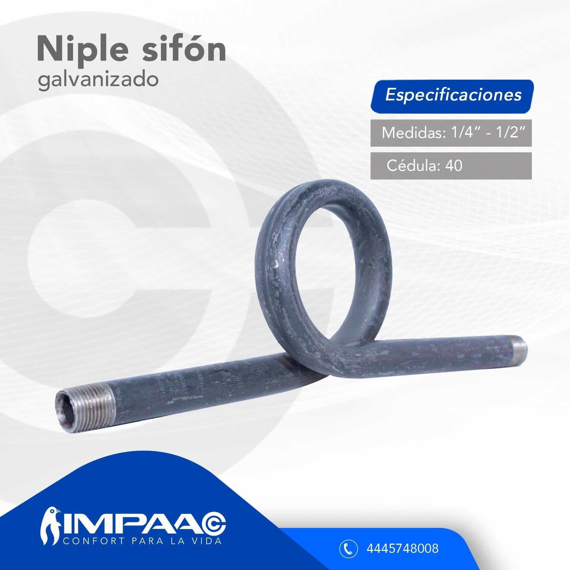 Un niple de sifón de metal galvanizado, un accesorio de tubería en forma de bucle, sobre un fondo blanco con las especificaciones del producto y la marca.