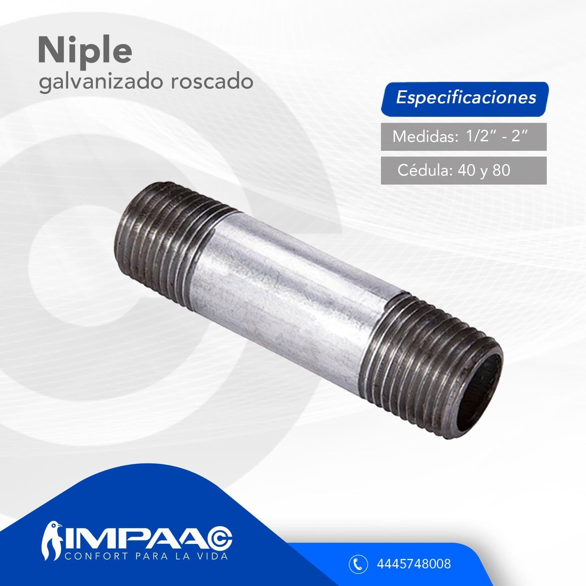 Un niple roscado de acero galvanizado para tuberías de fontanería con texto que especifica tamaños de 1/2