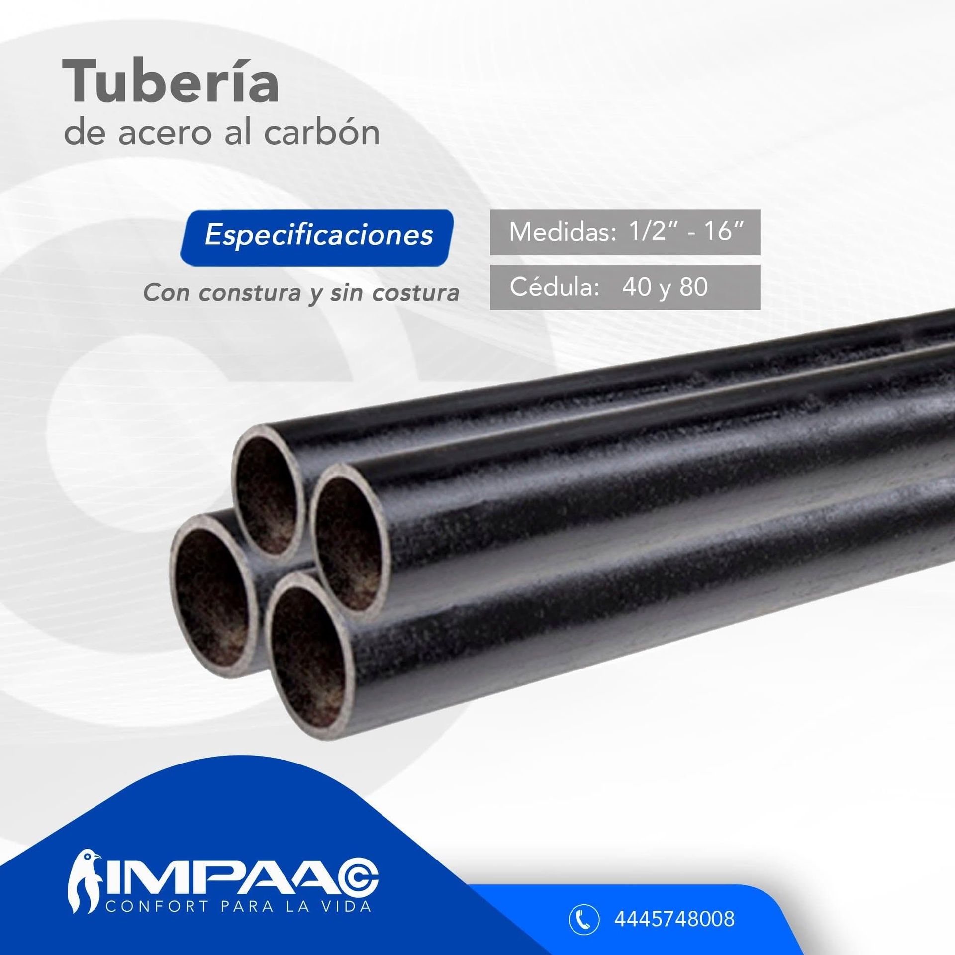Un paquete de tubos de acero al carbono negro con detalles de texto sobre tamaños (1/2