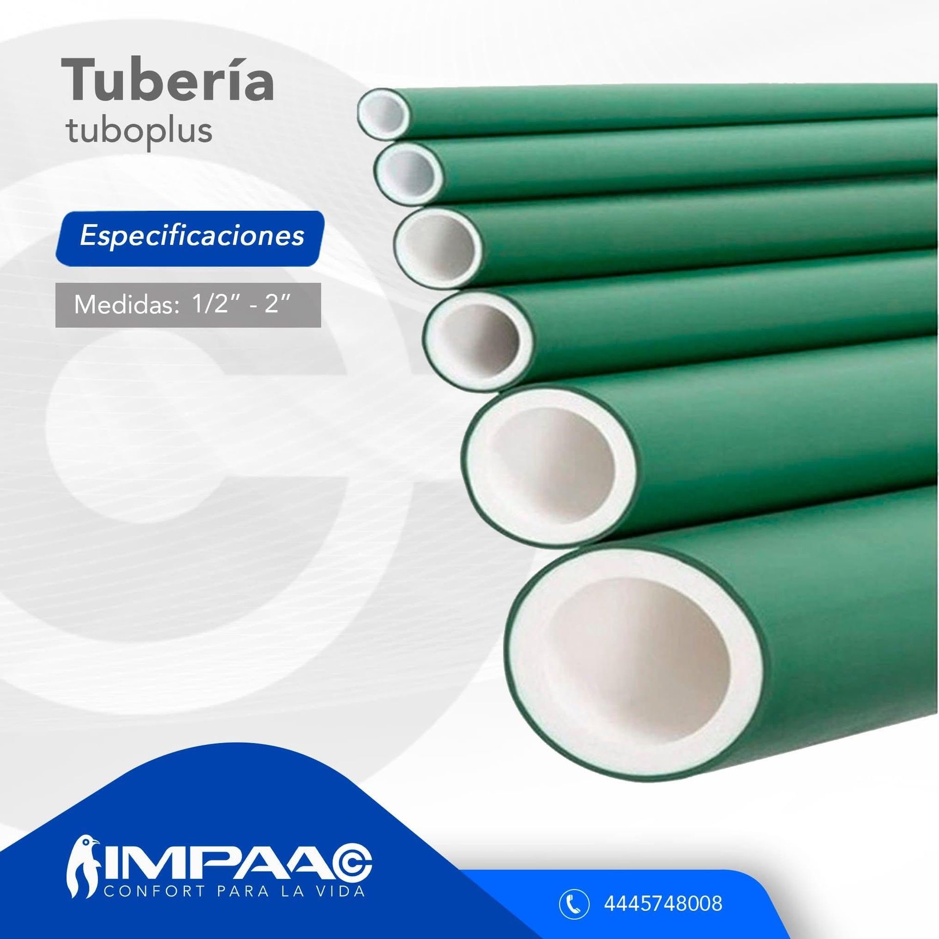 Una pila de pipas Tuboplus verdes de varios tamaños, con el logotipo de la marca IMPAA y un número de contacto en la parte inferior.