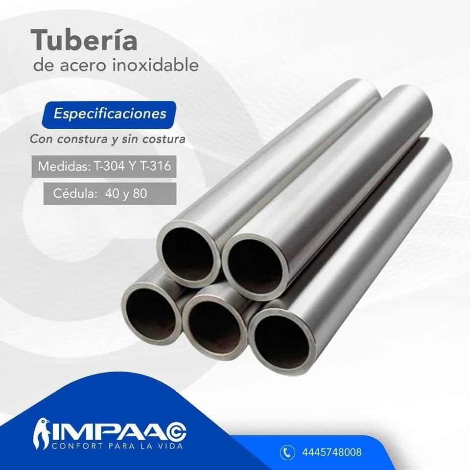 Imagen promocional de tuberías de acero inoxidable disponibles en varios tipos y especificaciones, que incluye un logotipo y un número de teléfono.