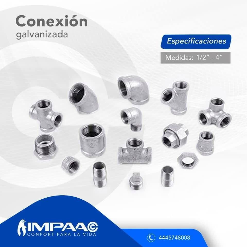 Una selección de accesorios de tubería de acero galvanizado sobre un fondo blanco, con el logotipo de la empresa Impaa.