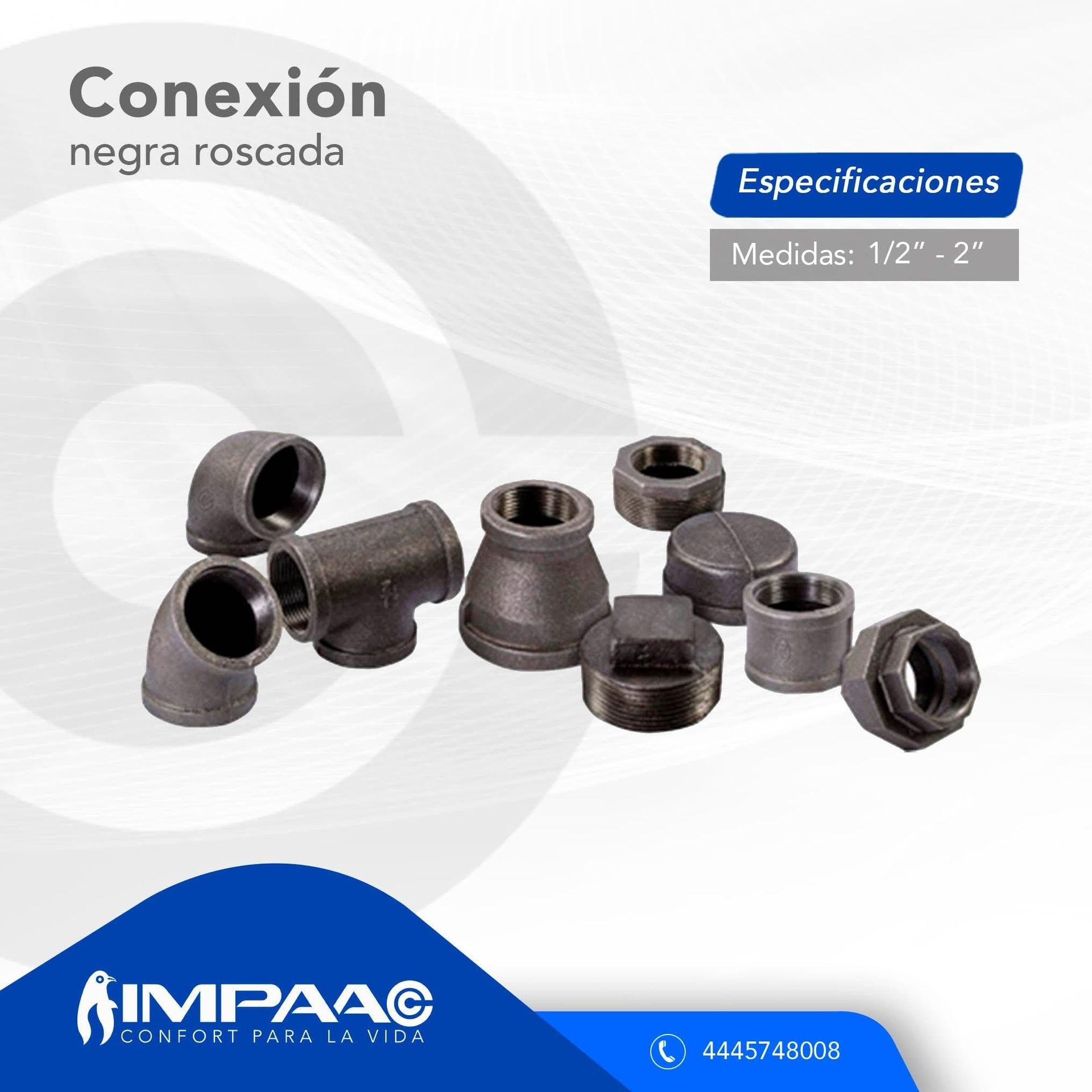 IMPAA exhibe para la venta accesorios de tubería roscados de color negro en diversas formas, incluyendo codos, tes y tapas.