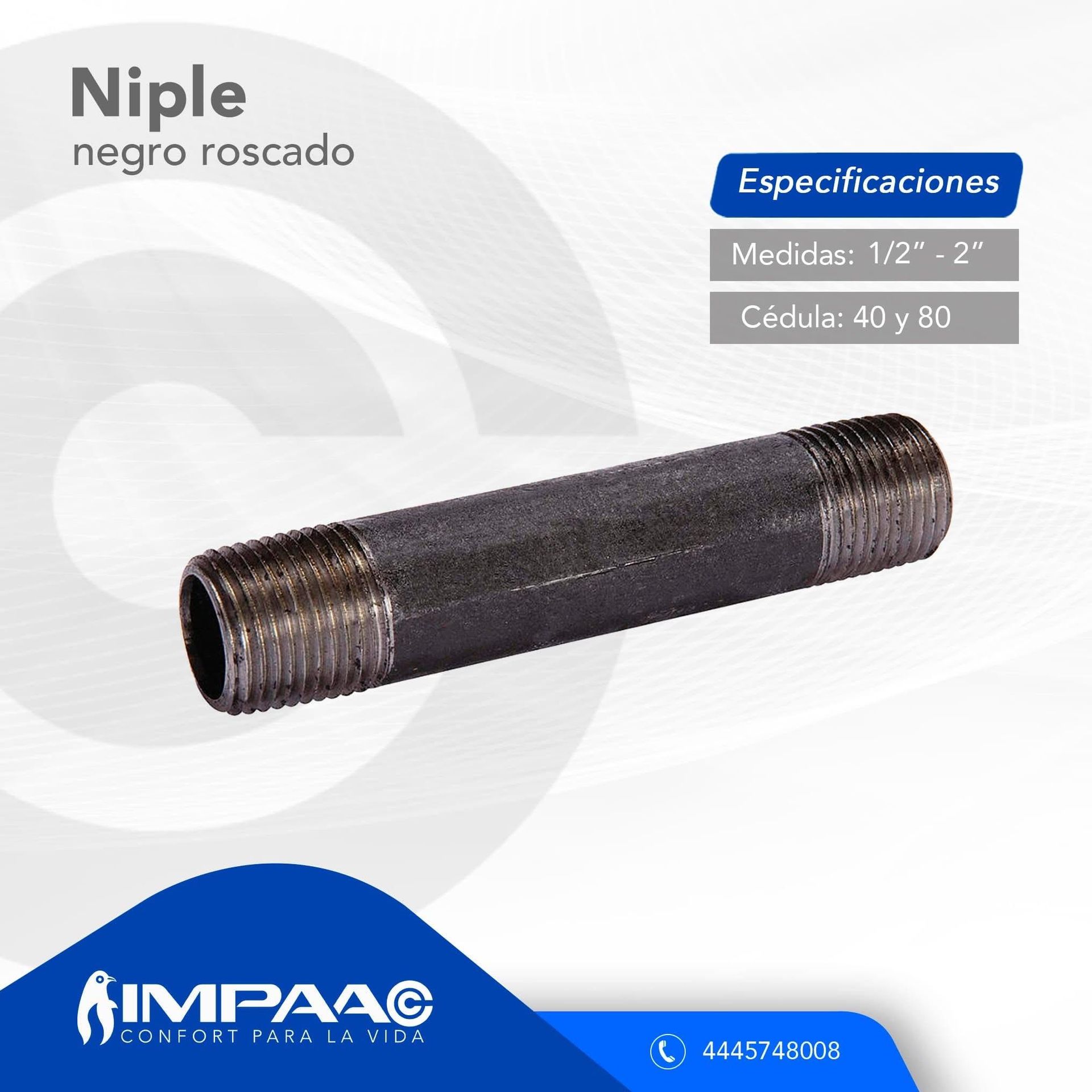 Un niple de tubería de acero roscado de color negro. Incluye especificaciones para tamaños de 1/2