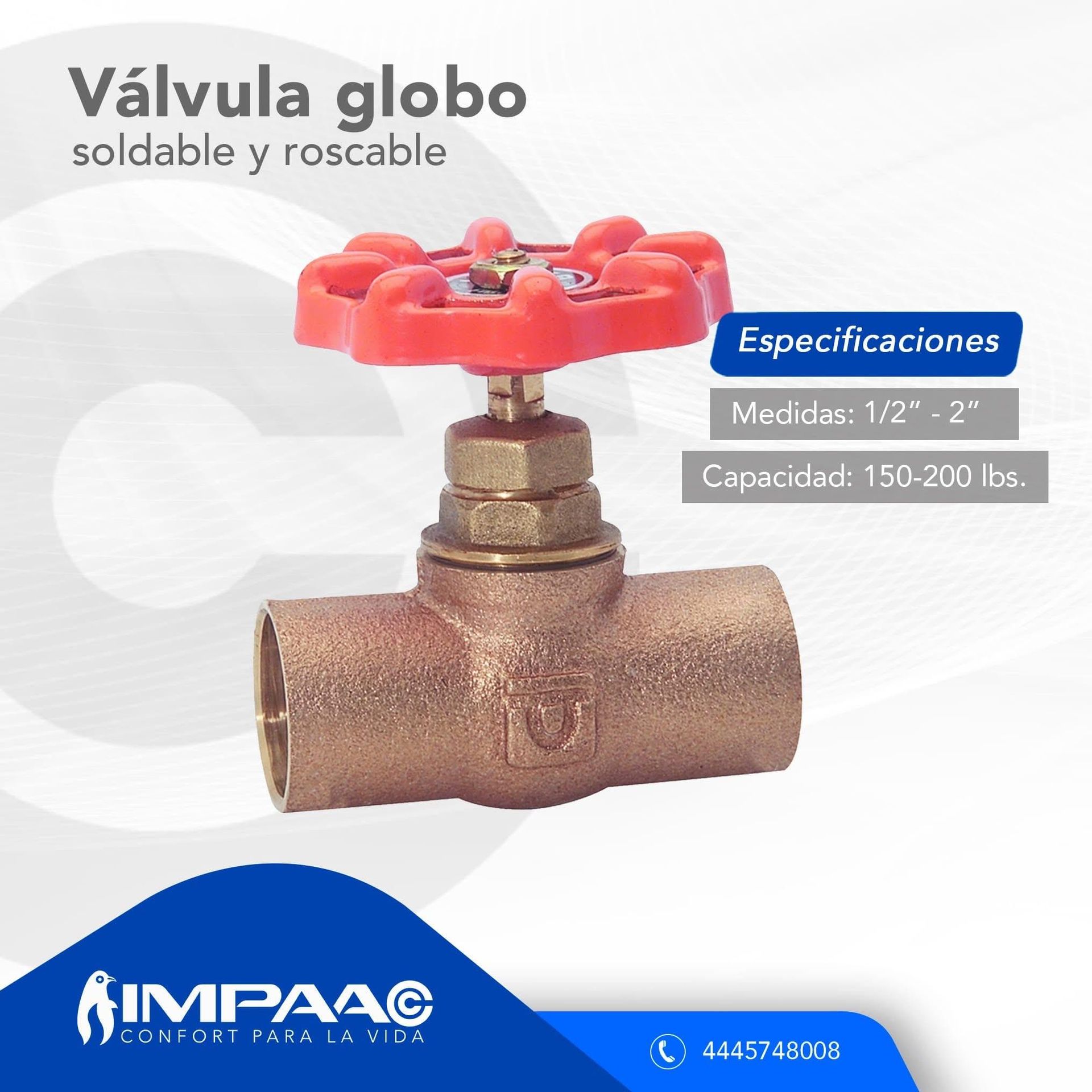 Una válvula de globo de bronce con mango rojo, etiquetada con tamaños de 1/2