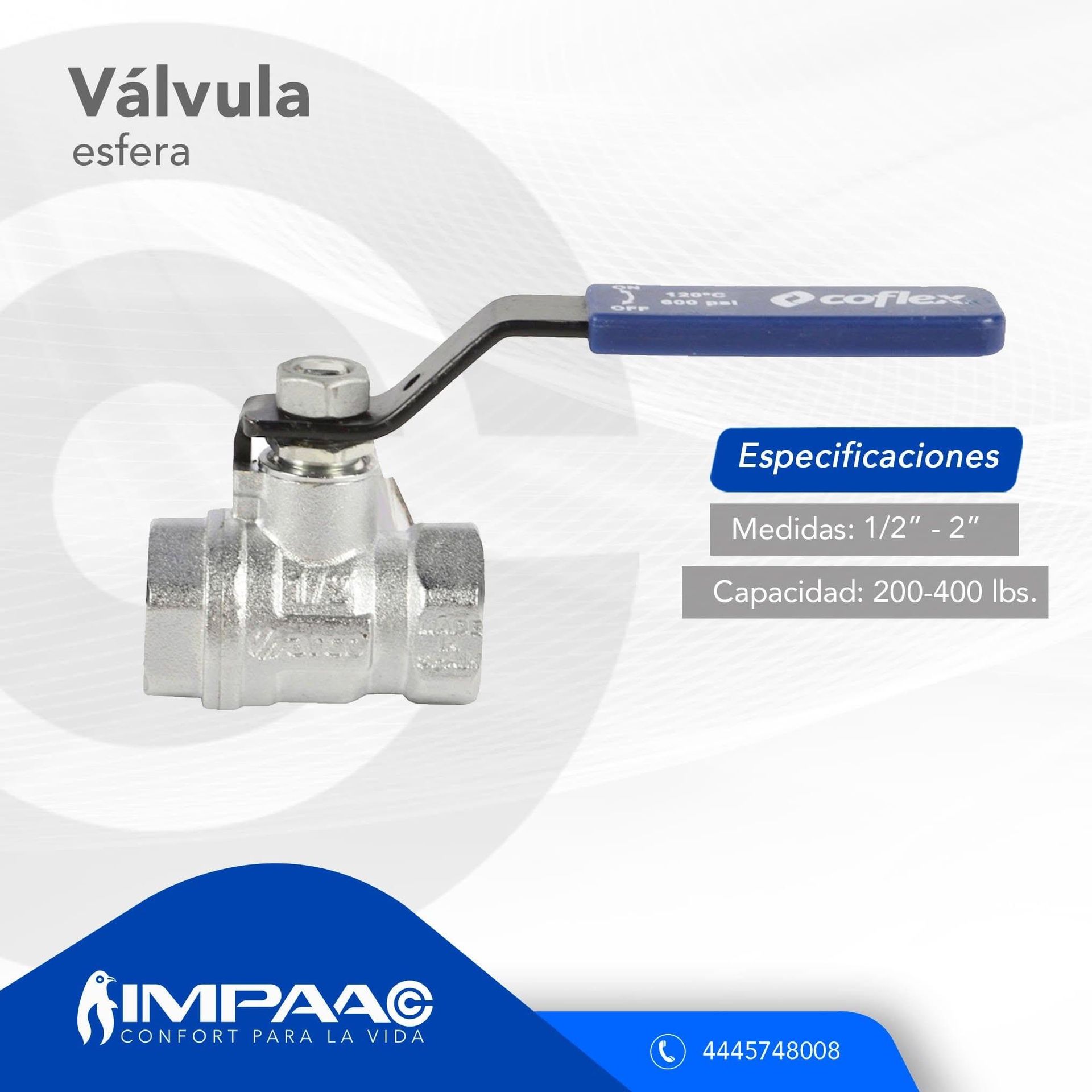 Una válvula de bola metálica de la marca Coflex con manija azul, mostrada sobre un fondo azul y blanco con el logotipo de la marca.