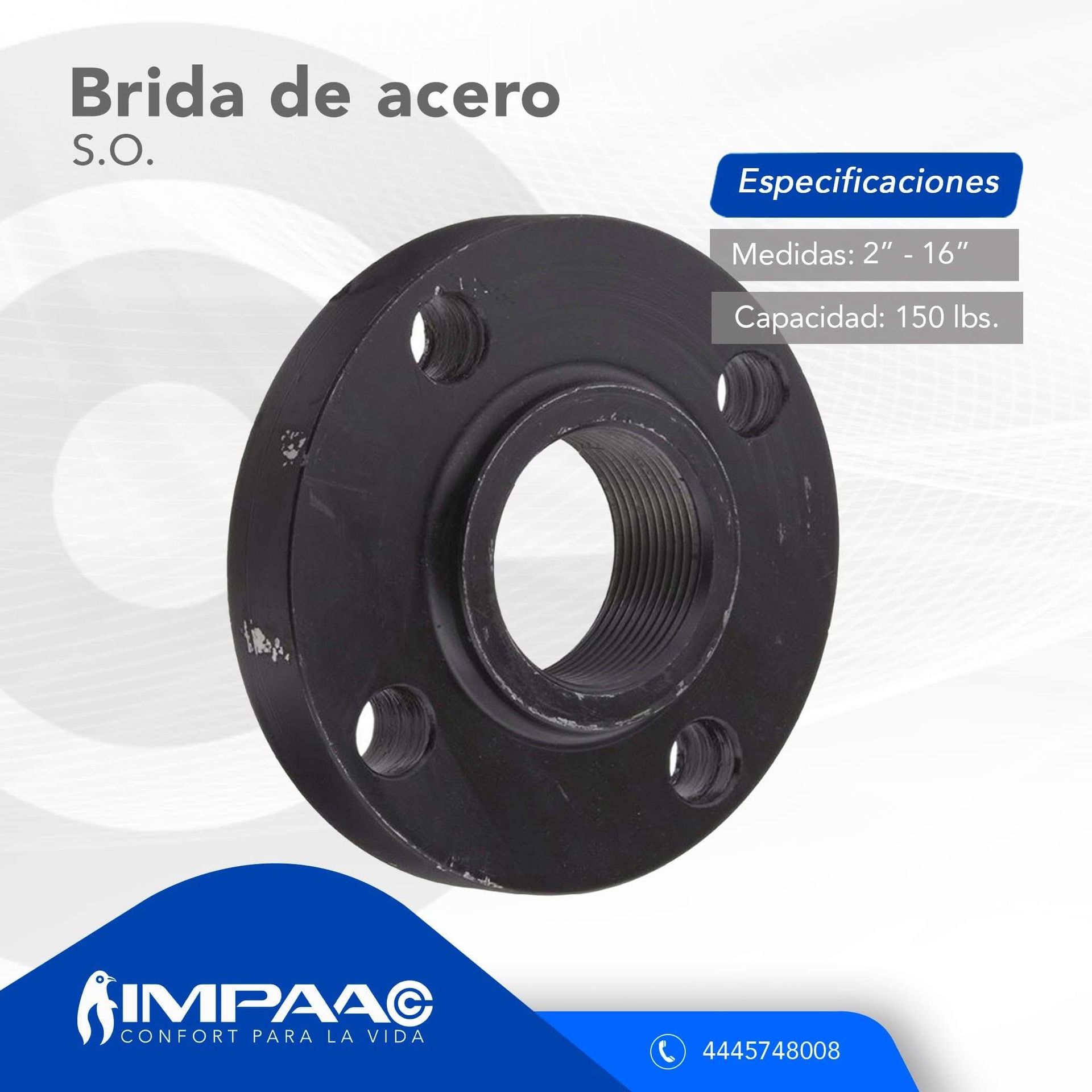 Brida deslizante (SO) de acero negro con centro roscado, disponible en tamaños de 2