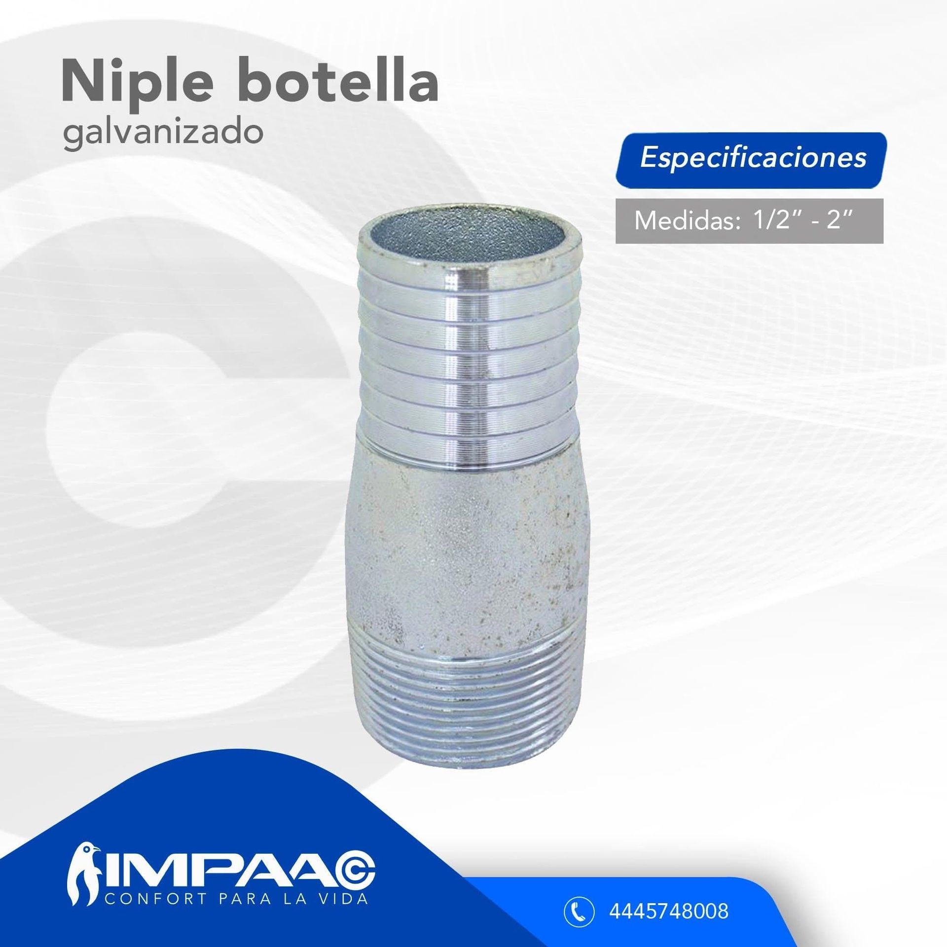 Un racor de tubería galvanizado para tetina de botella, que muestra un extremo roscado y un conector de manguera acanalado, con la marca IMPAA.