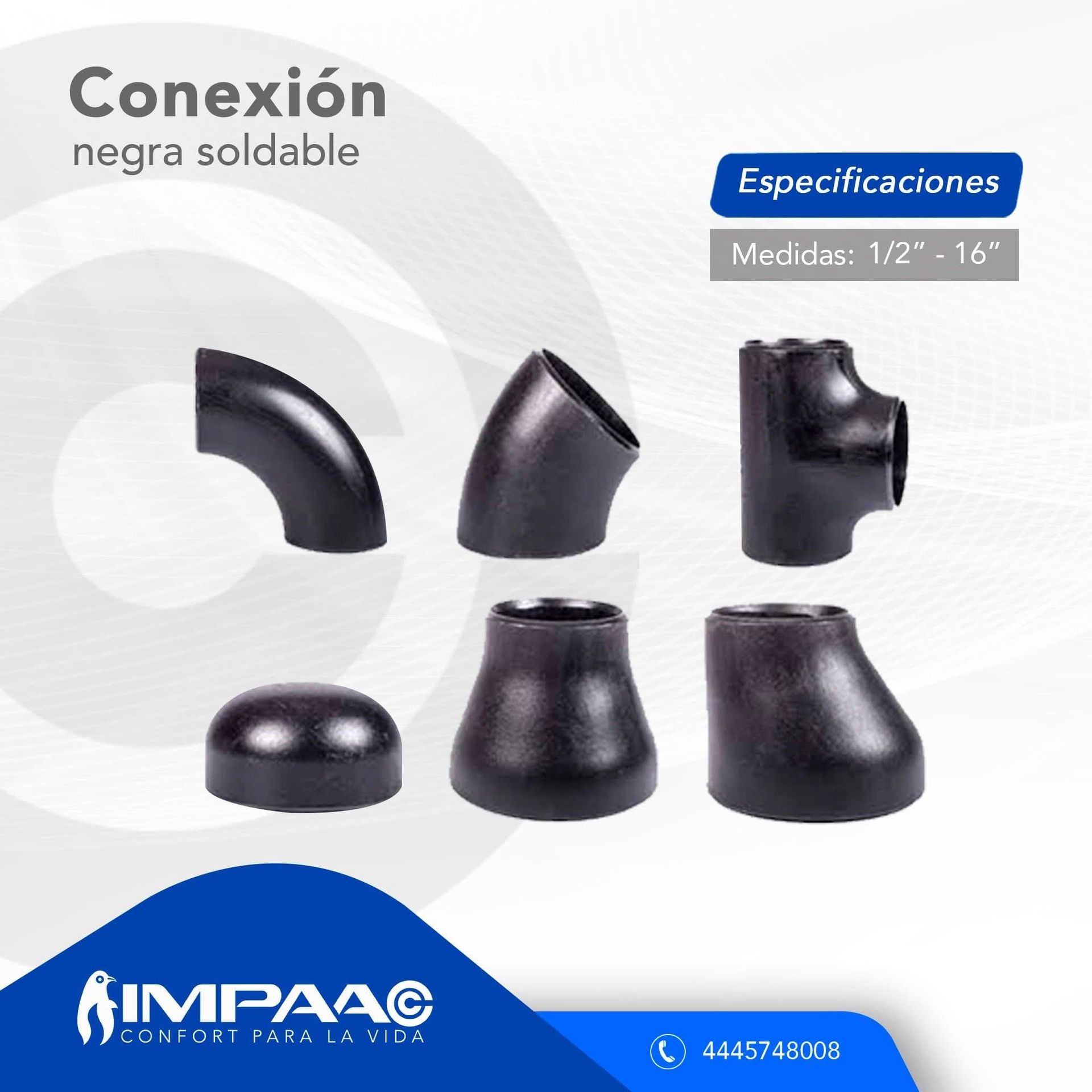 Una selección de accesorios de tubería soldables de color negro, que incluyen codos, una te, una tapa y reductores, sobre un fondo blanco.